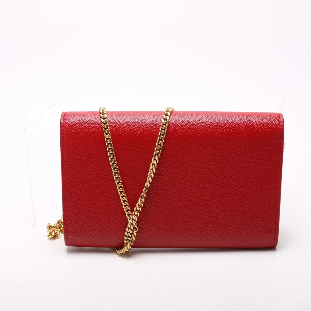 Saint Laurent Uptown Chain Wallet Red Grain De Poudre WOC + Card Holder Gold HW